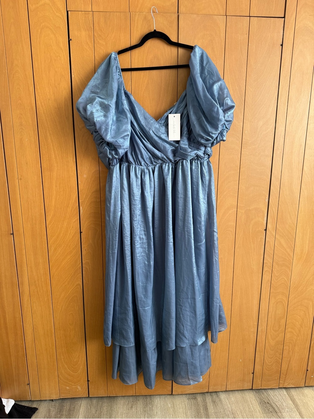 Dusty Blue Puff-Sleeve Midi Dress